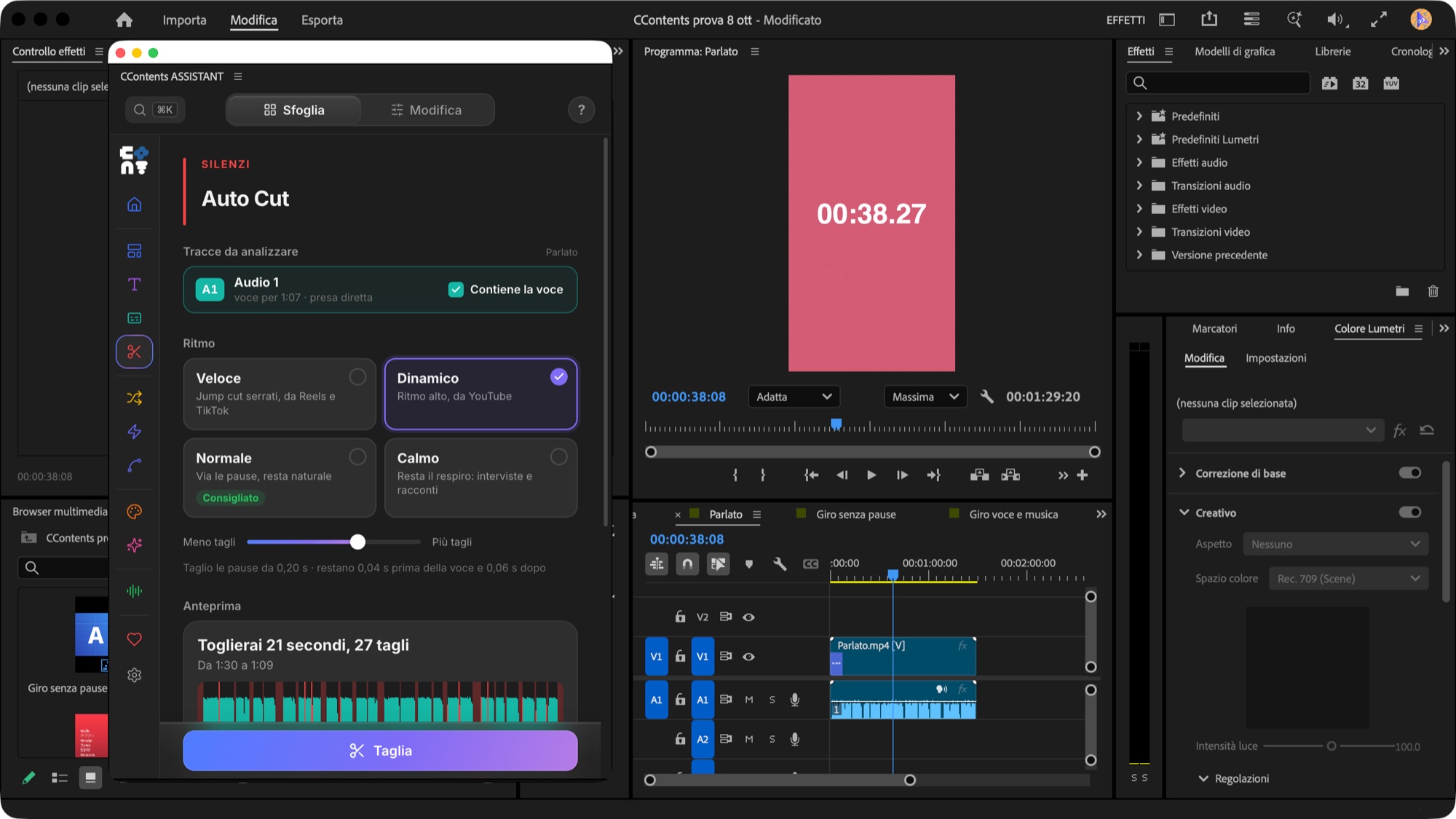 Il pannello CContents ASSISTANT dentro Adobe Premiere Pro